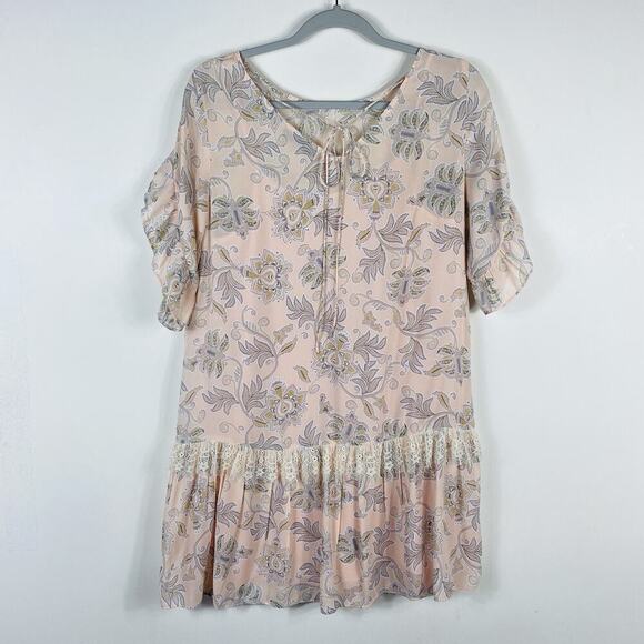 Ann Taylor LOFT Size Small Floral Ruffled Lace Flutter Sleeve Mini Dress Pink - Picture 3 of 7